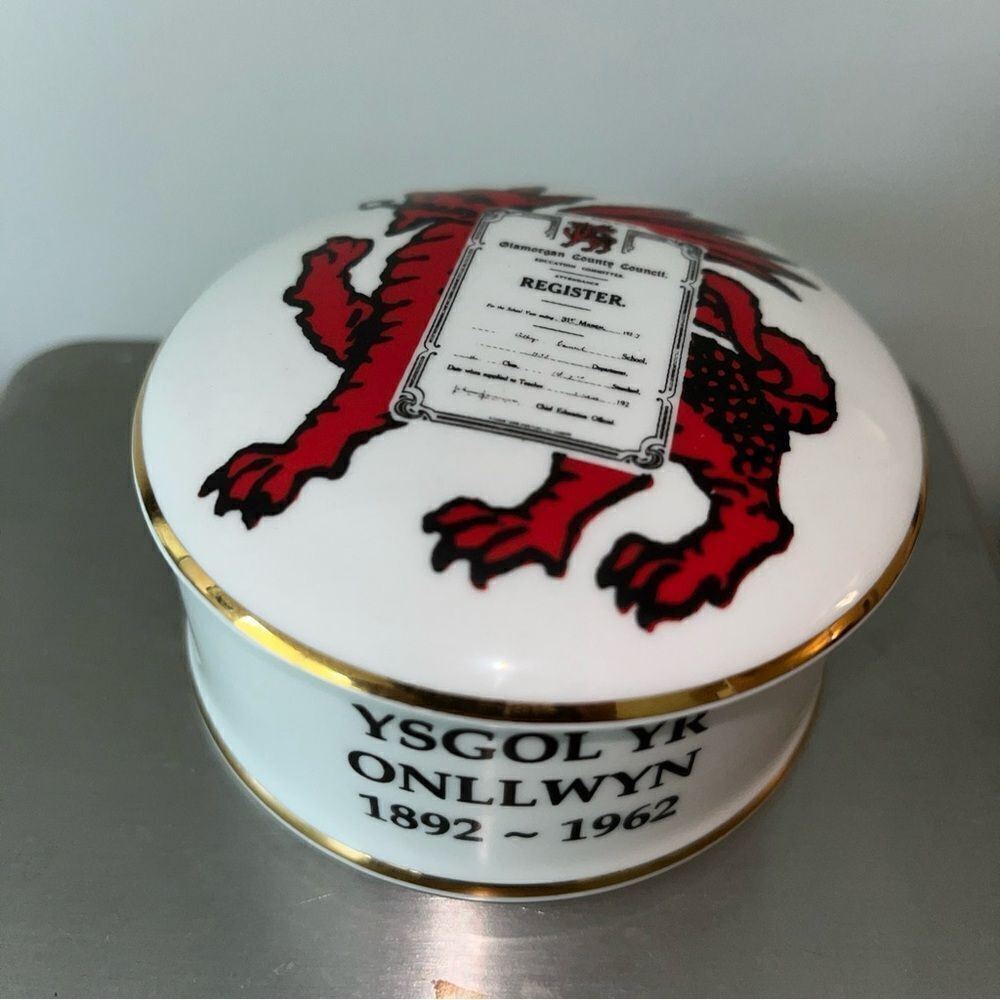 England Edwardian Bone China wales welsh Glamorgan onllwyn school covered dish